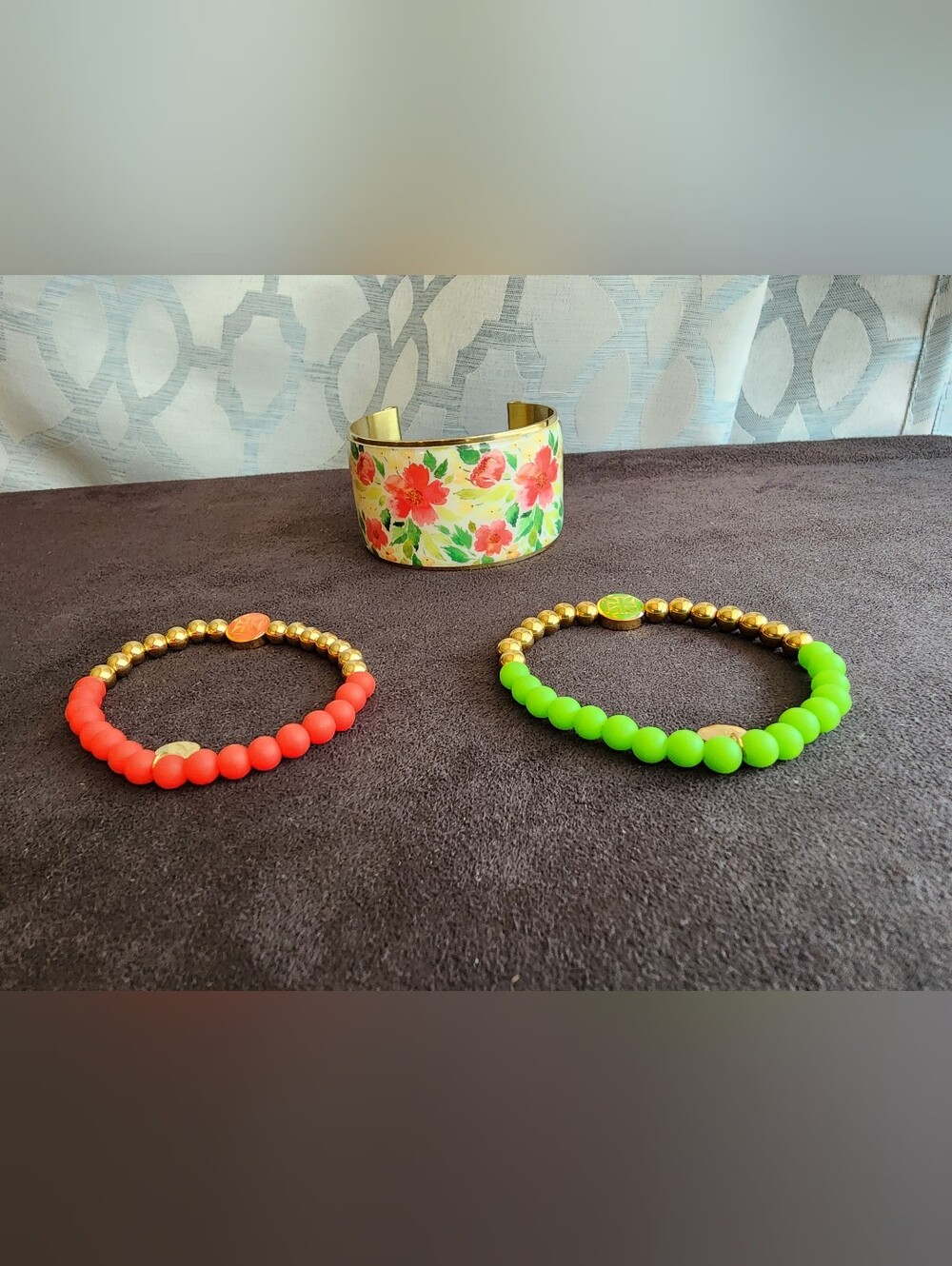 Rustic Cuff Bracelet Set of 3 Floral Enamel Cuff + Coral, Green And Gold Beaded